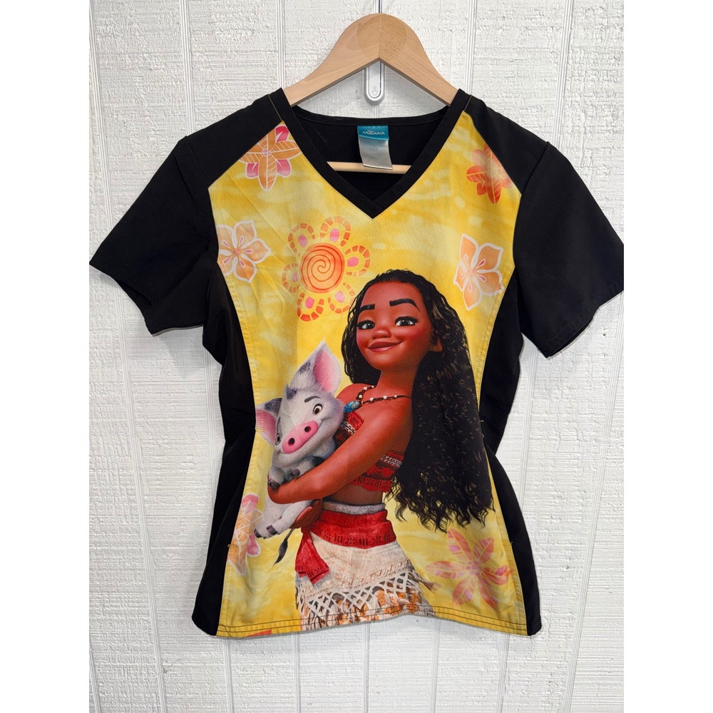 Disney Moana Scrub Top Women Yellow Black Pua Graphic V-Neck XS